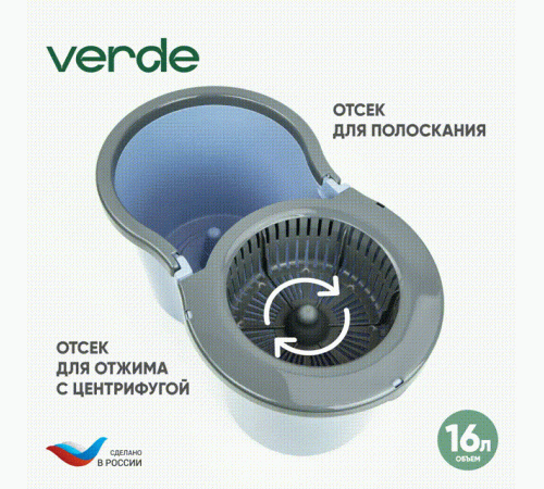 Швабра с отжимом и ведром для мытья полов комплект для уборки Spin Mop VERDE 16 литров голубой