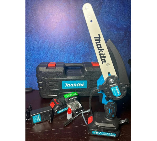 Пила аккумуляторная цепная мини садовая Makita 200 мм 48V сучкорез Макита / Ручная пила на аккумуляторе по дереву 48В в комплекте 2 АКБ в кейсе