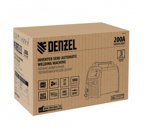 Аппарат инверторный полуавтоматической сварки MultiMIG-200DP Synergy Double Pulse, 200 А Denzel 94313