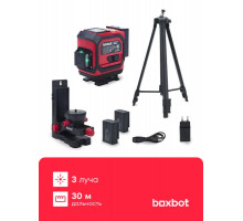 Лазерный уровень Boxbot BLL-3L-A, 3 луча, 2 аккумулятора по 4 Ач, универсальный кронштейн, штатив, в кейсе
